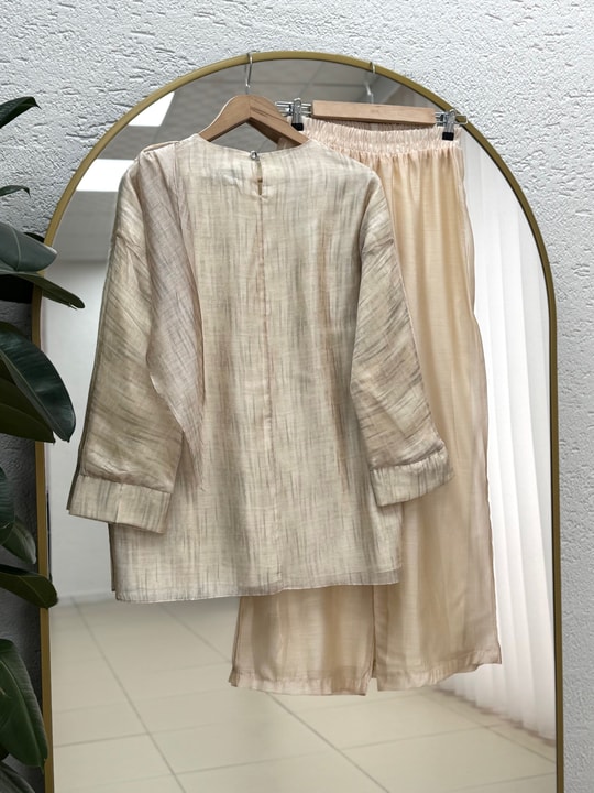 Akibe Kendinden Desenli Vual Pantolonlu Takım-ML2138 Bej
