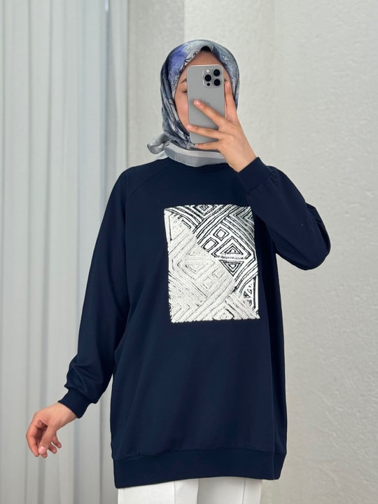 Akınay Baskı Ve Nakışlı Dikiş Detay Sweat-EU2683 Lacivert