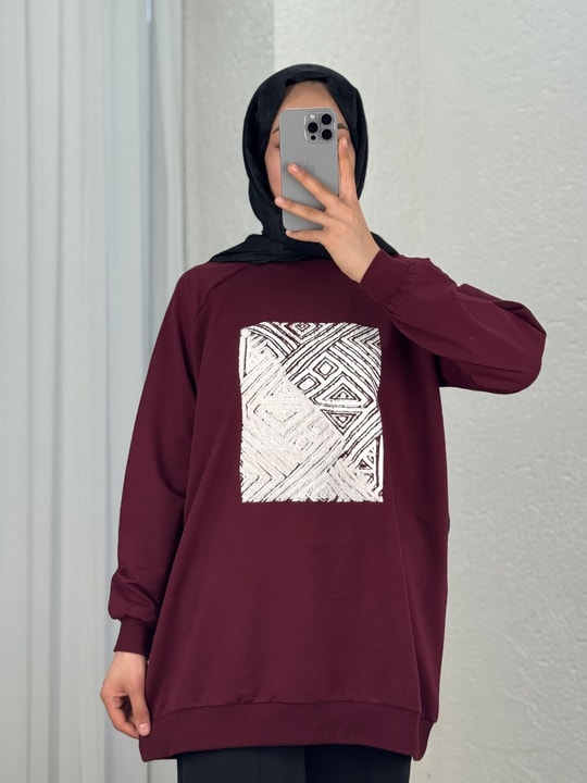 Akınay Baskı Ve Nakışlı Dikiş Detay Sweat-EU2683 Bordo