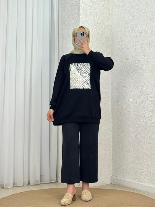 Akınay Baskı Ve Nakışlı Dikiş Detay Sweat-EU2683 Siyah