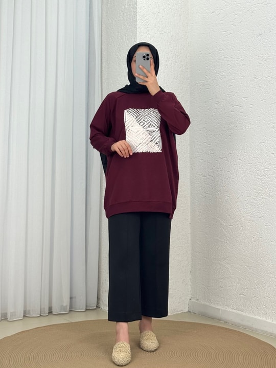 Akınay Baskı Ve Nakışlı Dikiş Detay Sweat-EU2683 Bordo