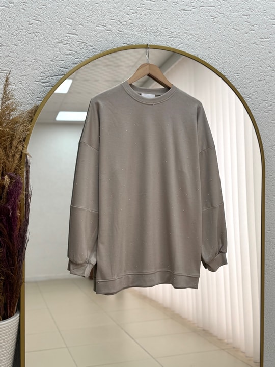 Alara Ful Taşlı Oversize Tunik-NA829 Vizon