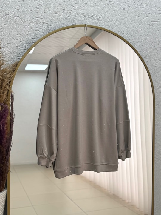 Alara Ful Taşlı Oversize Tunik-NA829 Vizon