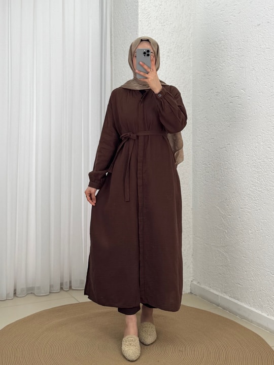 Alaz Gizli Patlı Müslin Uzun Tunik-ML2105 Kahve