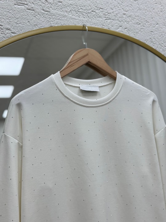 Albina Ful Taşlı Altı Piliseli Oversize Tunik-NA828 Ekru