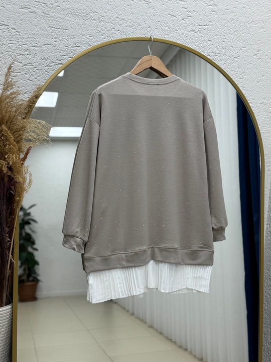 Albina Ful Taşlı Altı Piliseli Oversize Tunik-NA828 Taş