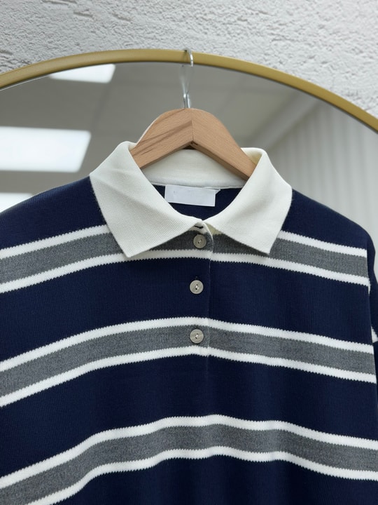 Aliza Polo Yaka Çizgili Düğmeli Kazak-KR5053 Lacivert