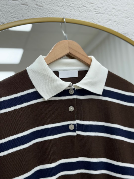 Aliza Polo Yaka Çizgili Düğmeli Kazak-KR5053 Kahve