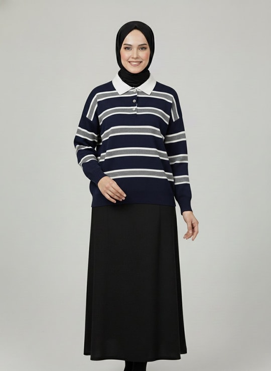 Aliza Polo Yaka Çizgili Düğmeli Kazak-KR5053 Lacivert