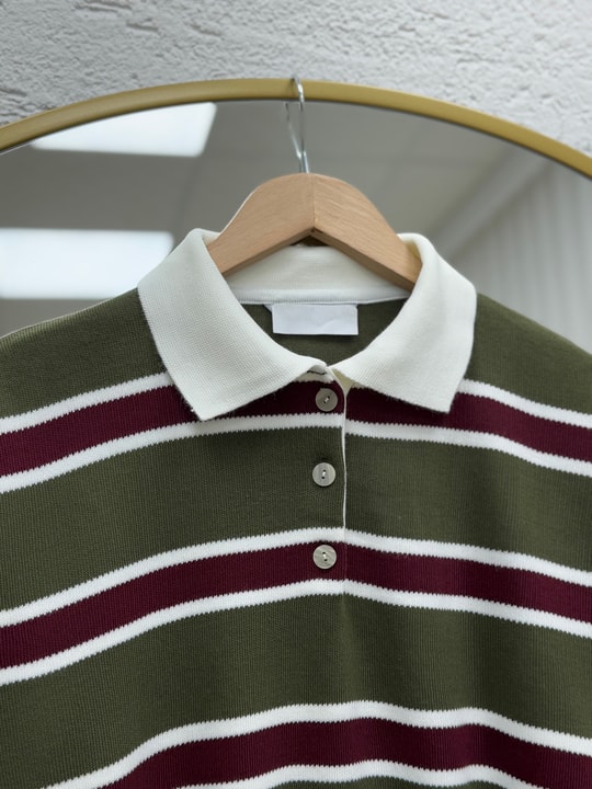 Aliza Polo Yaka Çizgili Düğmeli Kazak-KR5053 Haki