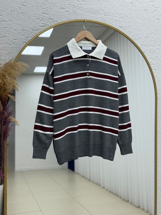Aliza Polo Yaka Çizgili Düğmeli Kazak-KR5053 Antrasit