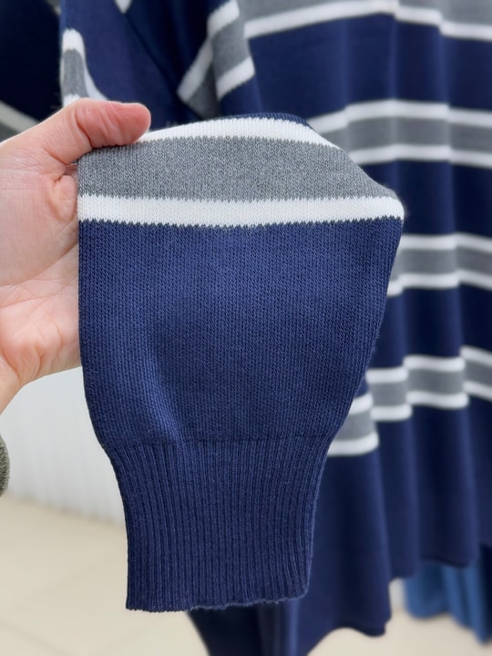 Aliza Polo Yaka Çizgili Düğmeli Kazak-KR5053 Lacivert