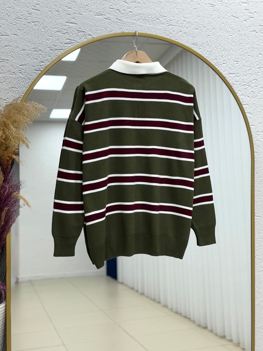 Aliza Polo Yaka Çizgili Düğmeli Kazak-KR5053 Haki