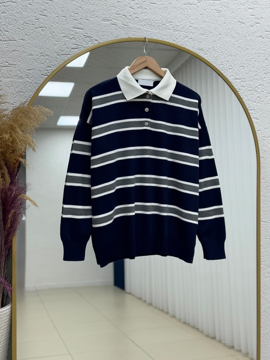 Aliza Polo Yaka Çizgili Düğmeli Kazak-KR5053 Lacivert