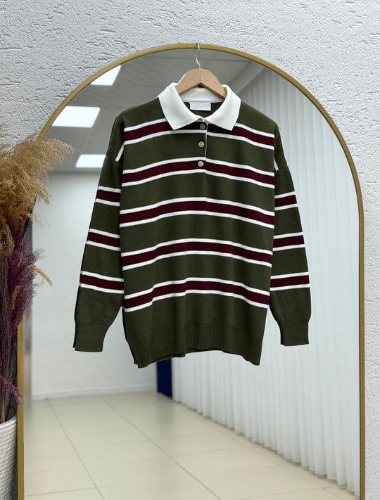 Aliza Polo Yaka Çizgili Düğmeli Kazak-KR5053 Haki