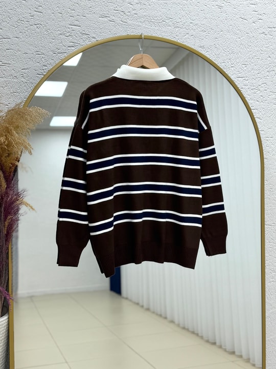 Aliza Polo Yaka Çizgili Düğmeli Kazak-KR5053 Kahve