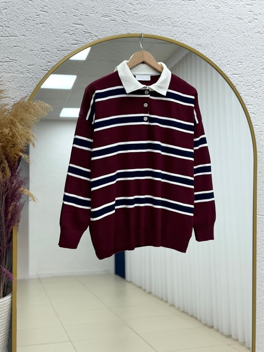 Aliza Polo Yaka Çizgili Düğmeli Kazak-KR5053 Bordo