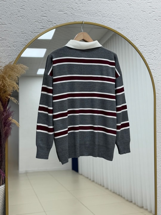 Aliza Polo Yaka Çizgili Düğmeli Kazak-KR5053 Antrasit