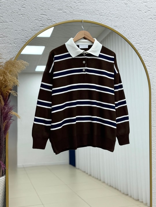 Aliza Polo Yaka Çizgili Düğmeli Kazak-KR5053 Kahve