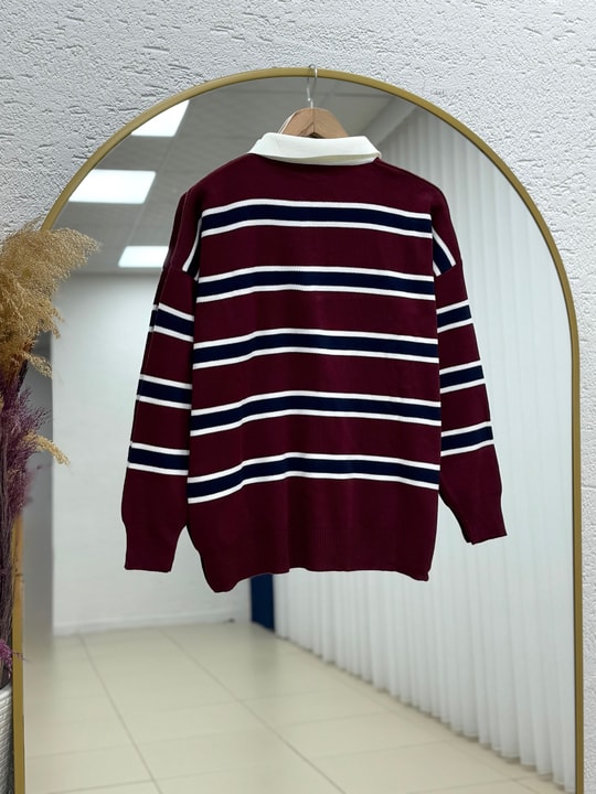 Aliza Polo Yaka Çizgili Düğmeli Kazak-KR5053 Bordo