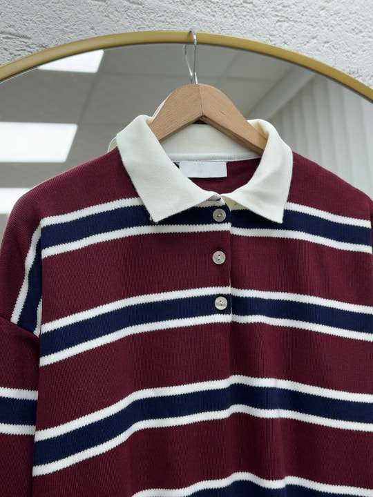 Aliza Polo Yaka Çizgili Düğmeli Kazak-KR5053 Bordo