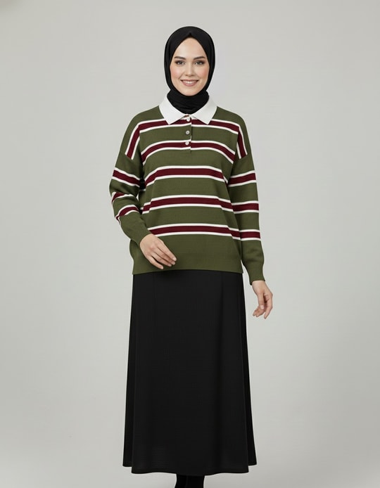 Aliza Polo Yaka Çizgili Düğmeli Kazak-KR5053 Haki