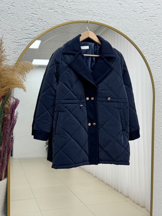 Alva Düğmeleri Çıtçıtlı Beli Sıkmalı Kapitone Kısa Mont-EN2108 Lacivert