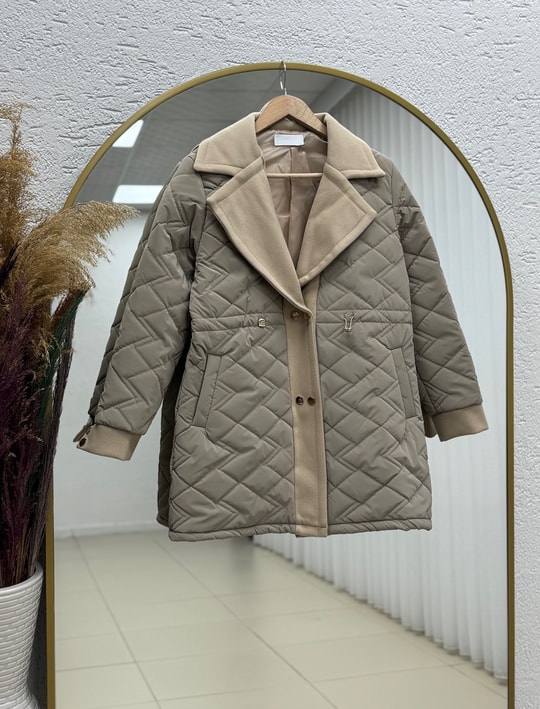 Alva Düğmeleri Çıtçıtlı Beli Sıkmalı Kapitone Kısa Mont-EN2108 Vizon