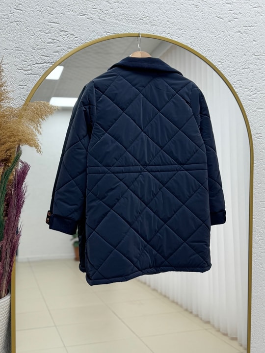 Alva Düğmeleri Çıtçıtlı Beli Sıkmalı Kapitone Kısa Mont-EN2108 Lacivert