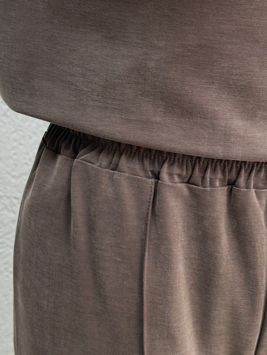 Arife Önü Robalı Yanı Düğmeli Pantolonlu Pike Takım-EY1006 Kahve