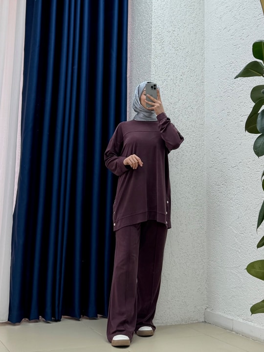 Arife Önü Robalı Yanı Düğmeli Pantolonlu Pike Takım-EY1006 Mürdüm