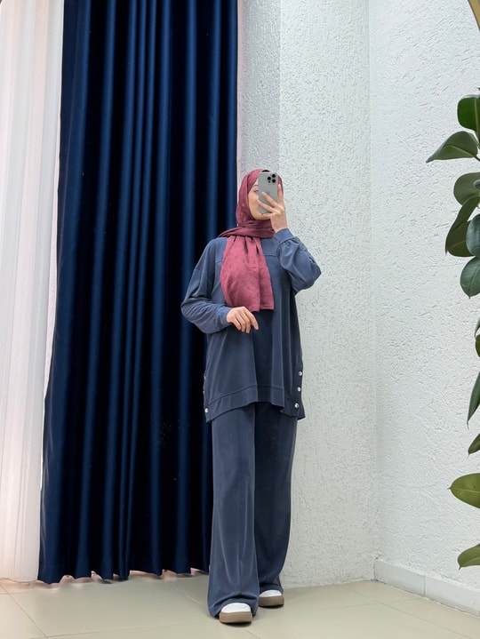 Arife Önü Robalı Yanı Düğmeli Pantolonlu Pike Takım-EY1006 Lacivert