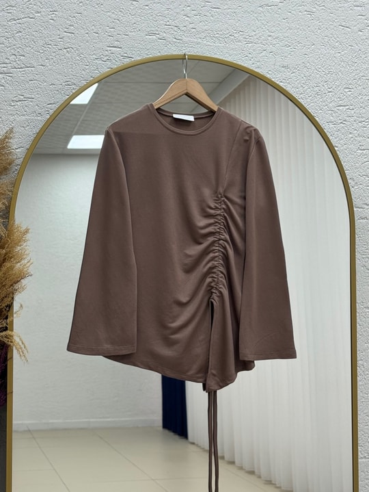 Armina Büzgülü Geniş Kollu Bluz-SS13231 Sütlü Kahve
