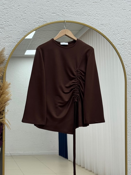 Armina Büzgülü Geniş Kollu Bluz-SS13231 Kahve
