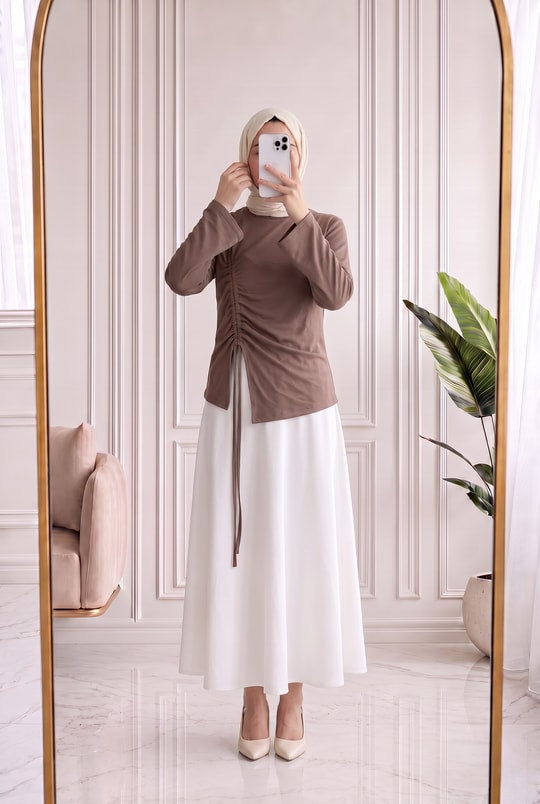 Armina Büzgülü Geniş Kollu Bluz-SS13231 Sütlü Kahve