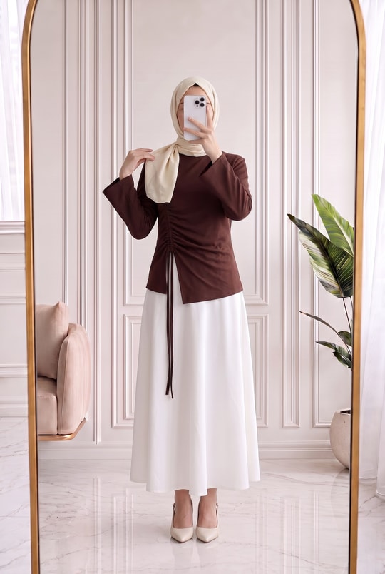Armina Büzgülü Geniş Kollu Bluz-SS13231 Kahve