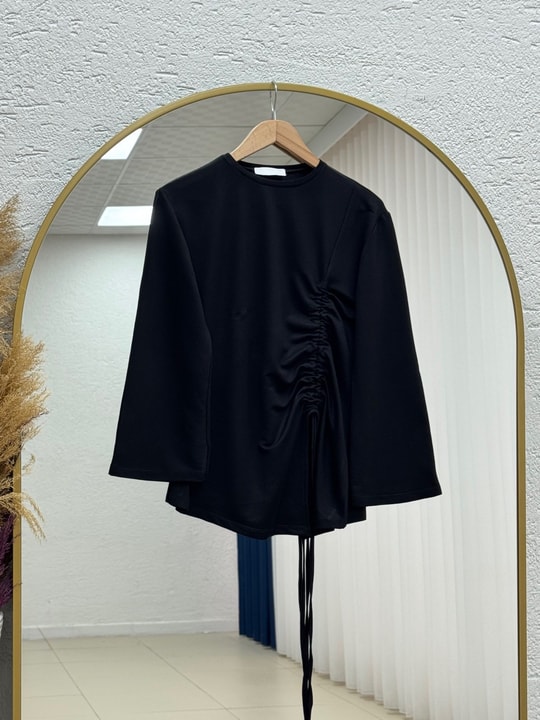 Armina Büzgülü Geniş Kollu Bluz-SS13231 Siyah