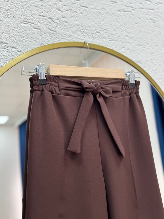 Asu Kuşaklı Bol Paça Pantolon-MT1445 Kahve