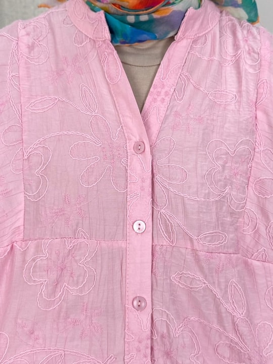 Asude Brode Desen Yarım Patlı Elbise-PE600 Pembe