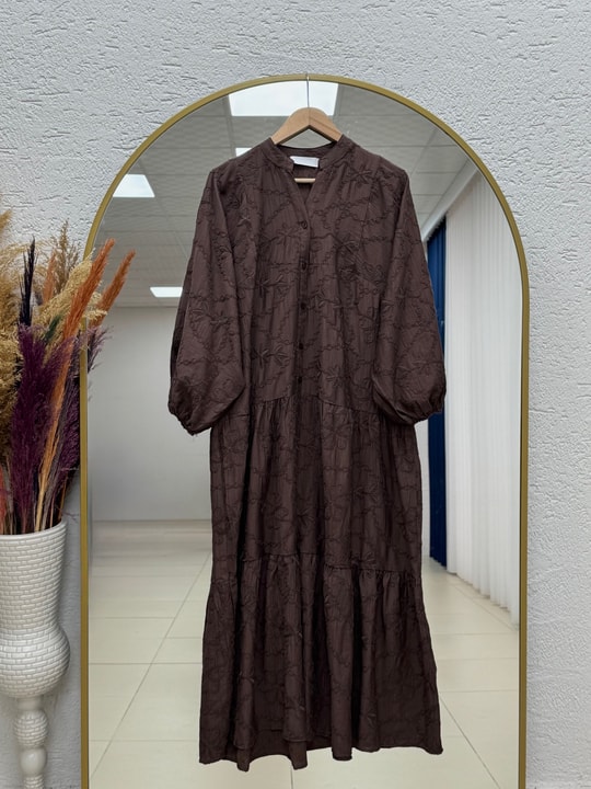 Asude Brode Desen Yarım Patlı Elbise-PE600 Kahve