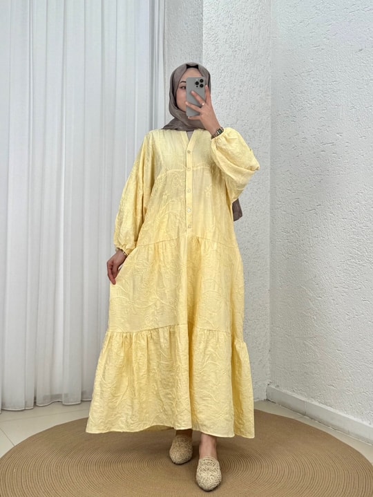 Asude Brode Desen Yarım Patlı Elbise-PE600 Sarı
