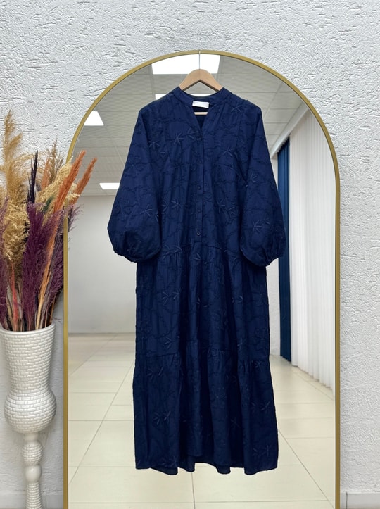 Asude Brode Desen Yarım Patlı Elbise-PE600 Lacivert