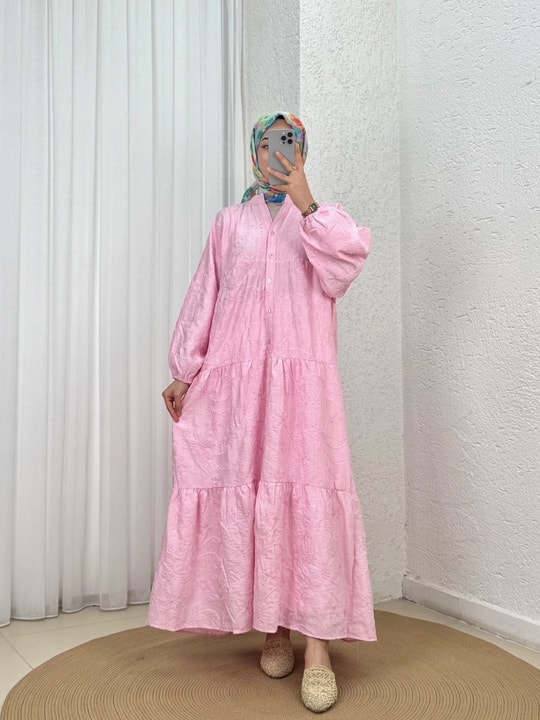 Asude Brode Desen Yarım Patlı Elbise-PE600 Pembe