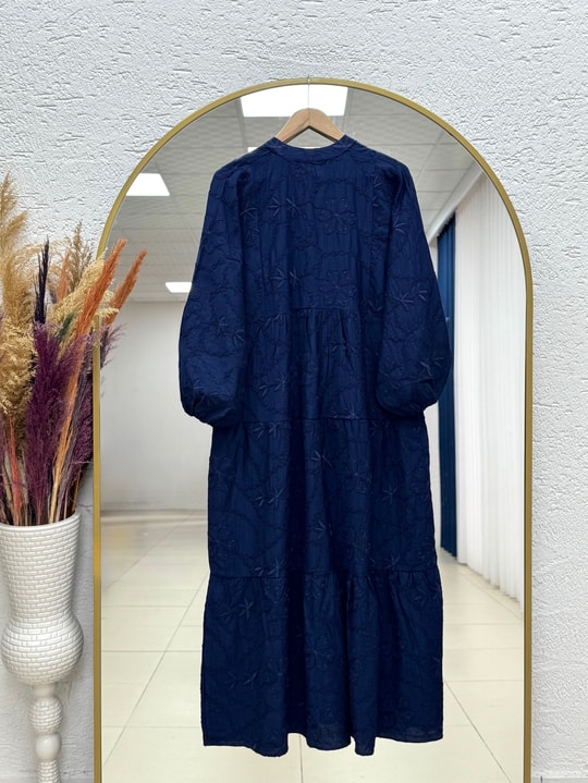 Asude Brode Desen Yarım Patlı Elbise-PE600 Lacivert