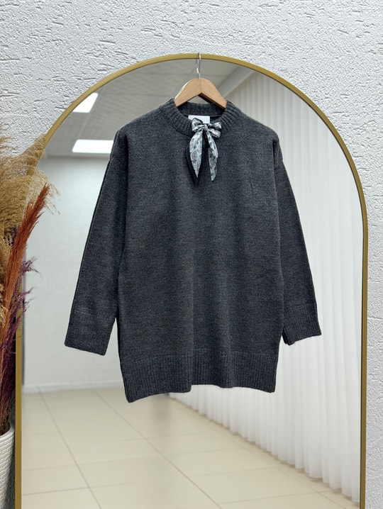 Asuman Fularlı Altı Lastikli Triko Kazak-KR5069 Antrasit