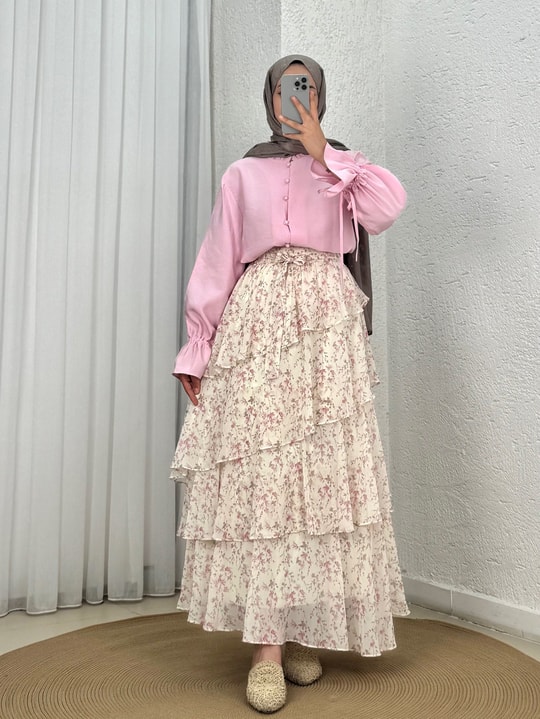 Aybirce Kolu Tünelli Yaka Fırfırlı Kısa Gömlek-AS5975 Pembe