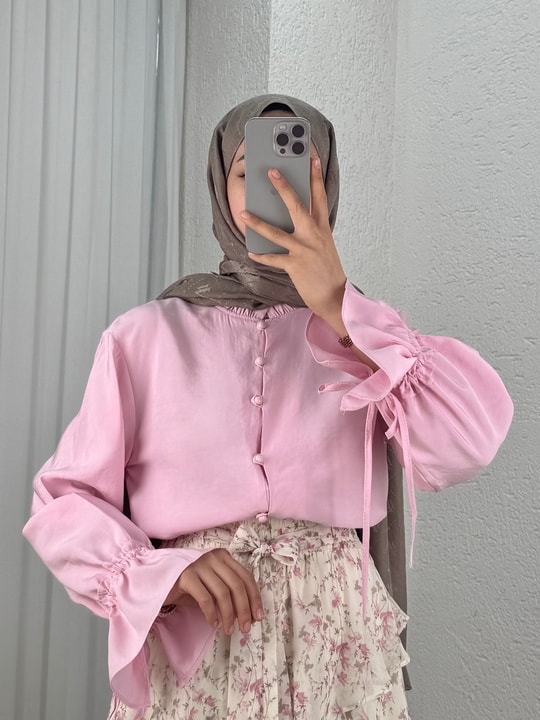 Aybirce Kolu Tünelli Yaka Fırfırlı Kısa Gömlek-AS5975 Pembe