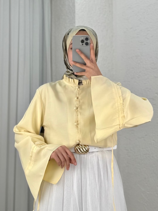 Aybirce Kolu Tünelli Yaka Fırfırlı Kısa Gömlek-AS5975 Sarı