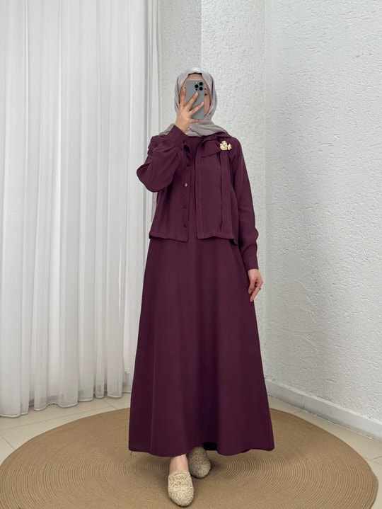 Aycan Tokalı Gömlekli İkili Elbise-MF1802.1 Bordo