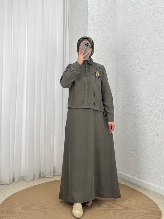 Aycan Tokalı Gömlekli İkili Elbise-MF1802.1 Haki